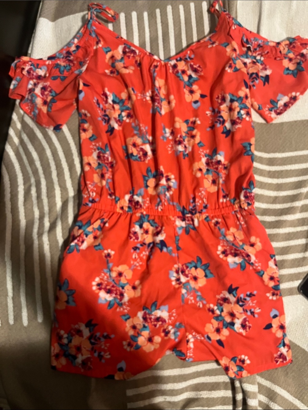 Arizona Jean Company Floral Cold-Shoulder Romper in Coral, Blue and Cream